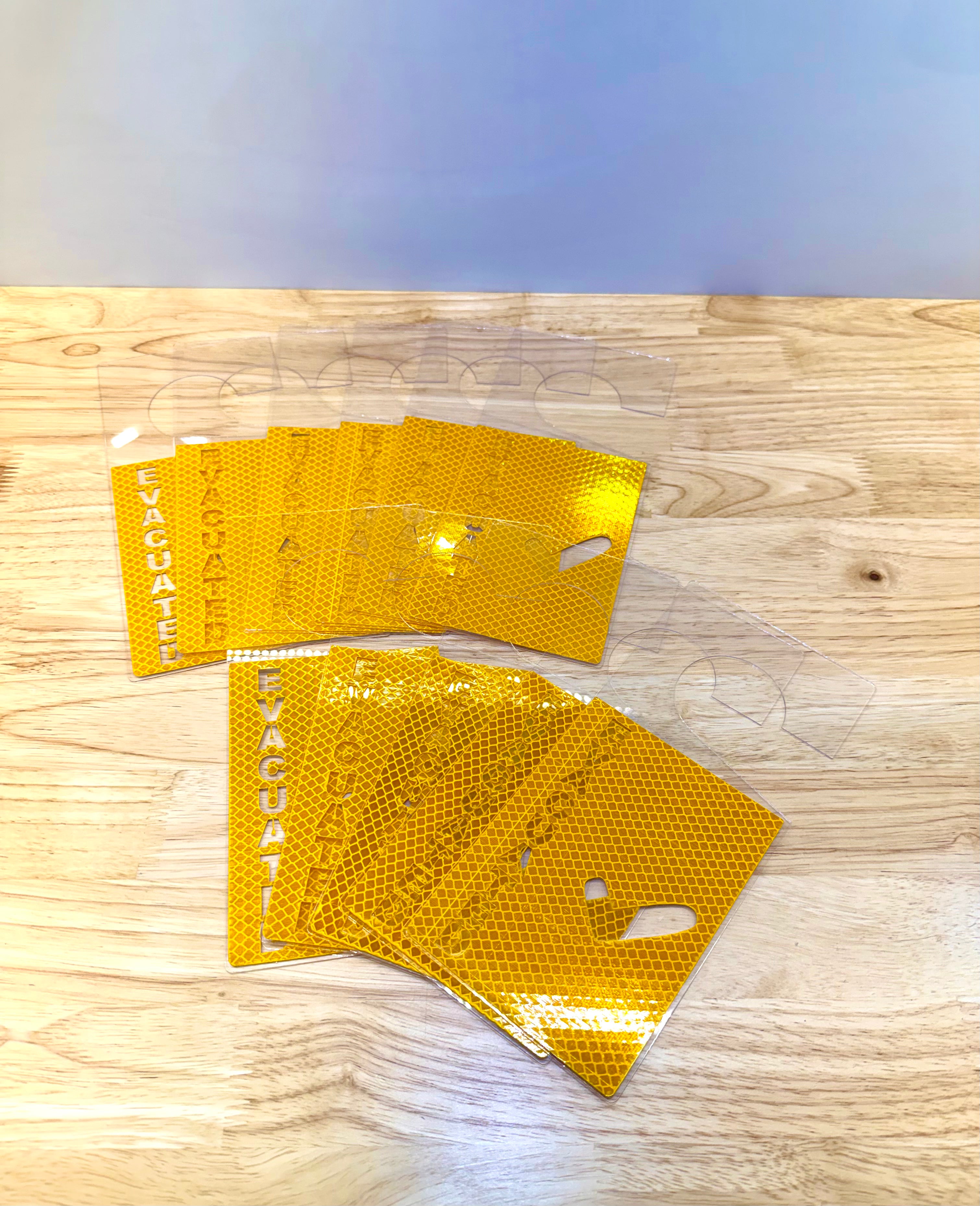 Yellow Reflective Evacuation Door Hanger – PETG Safety Marker | Pack of 10