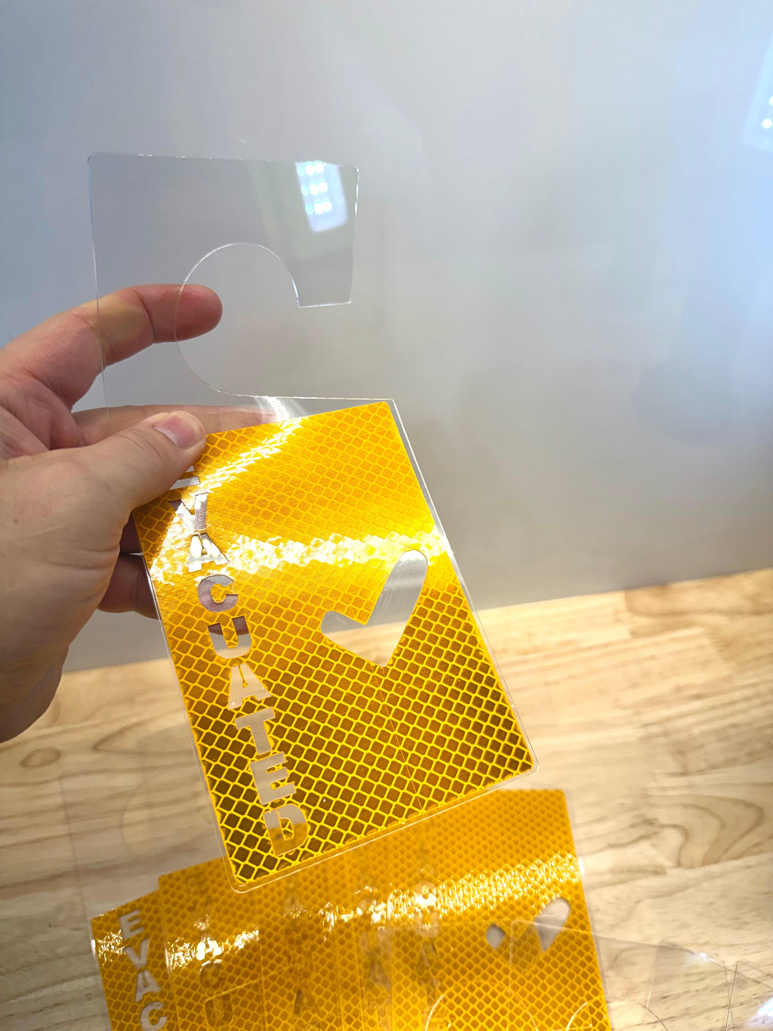 Yellow Reflective Evacuation Door Hanger – PETG Safety Marker | Pack of 10