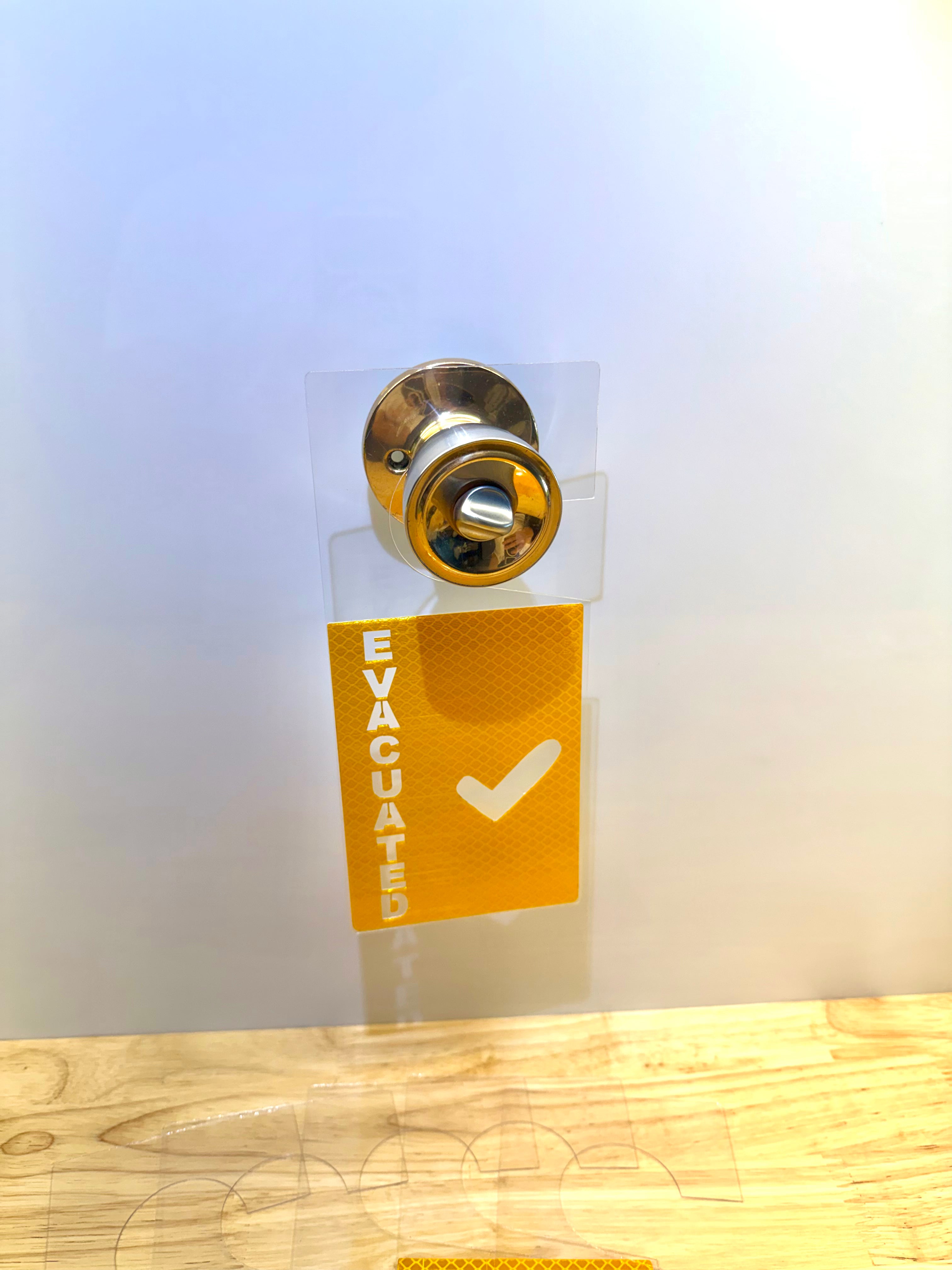 Yellow Reflective Evacuation Door Hanger – PETG Safety Marker | Pack of 10